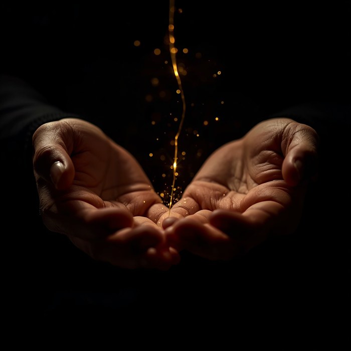 Mains ouvertes relâchant un fil doré de lumière dans l'obscurité
